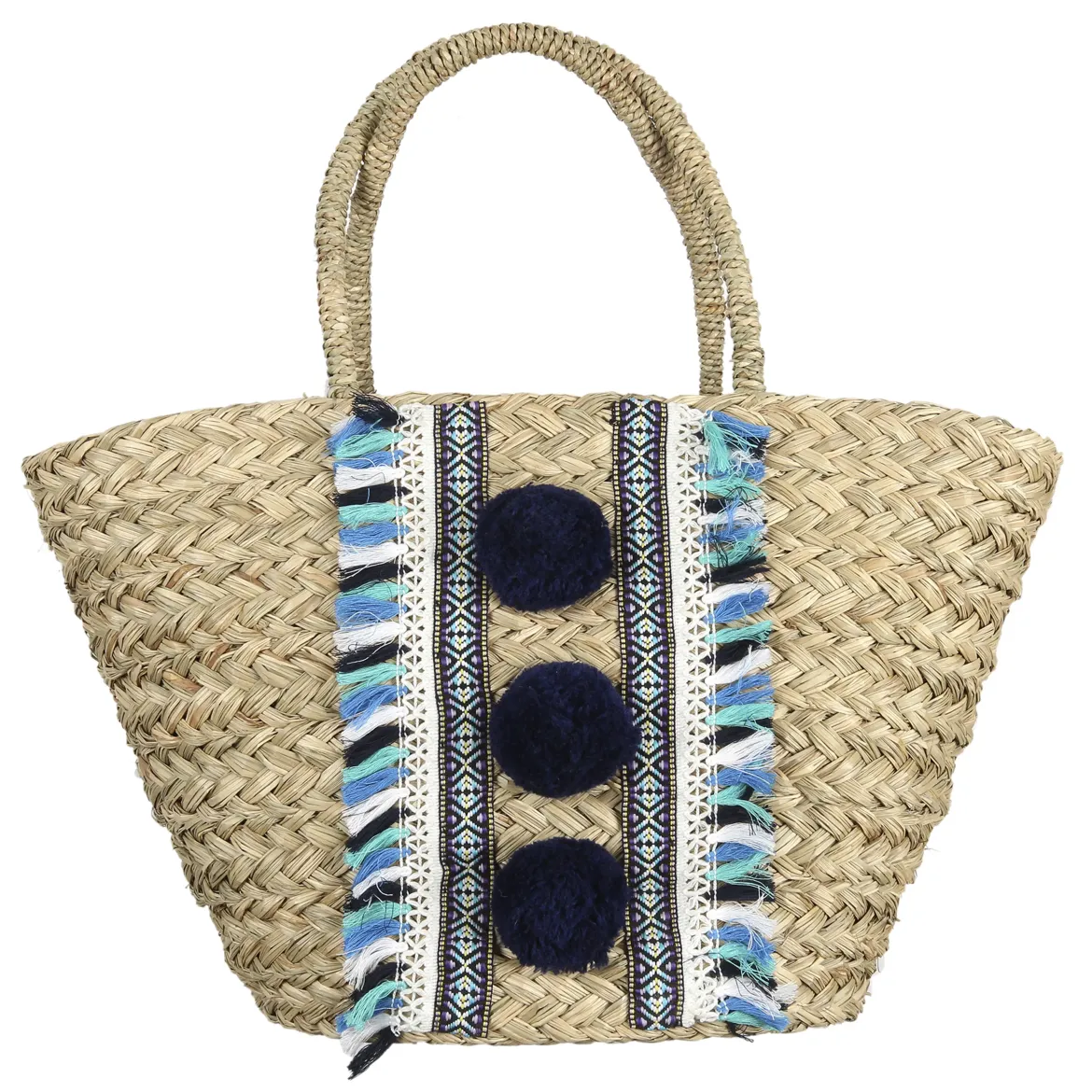 SAC DE PLAGE POMPOMS BLEUS 52X20X30CM