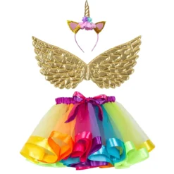 SET 3 PIECES LICORNE OR MULTICOLORE TUTU AILE ET TIARE