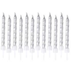SET 12 BOUGIES METALLIQUES ARGENT AVEC SUPPORT H.6CM
