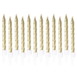 SET 12 BOUGIES METALLIQUES OR AVEC SUPPORT H.6CM