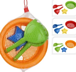 SET 4 JOUETS DE PLAGE TAMIS PELLE RATEAU ETOILE