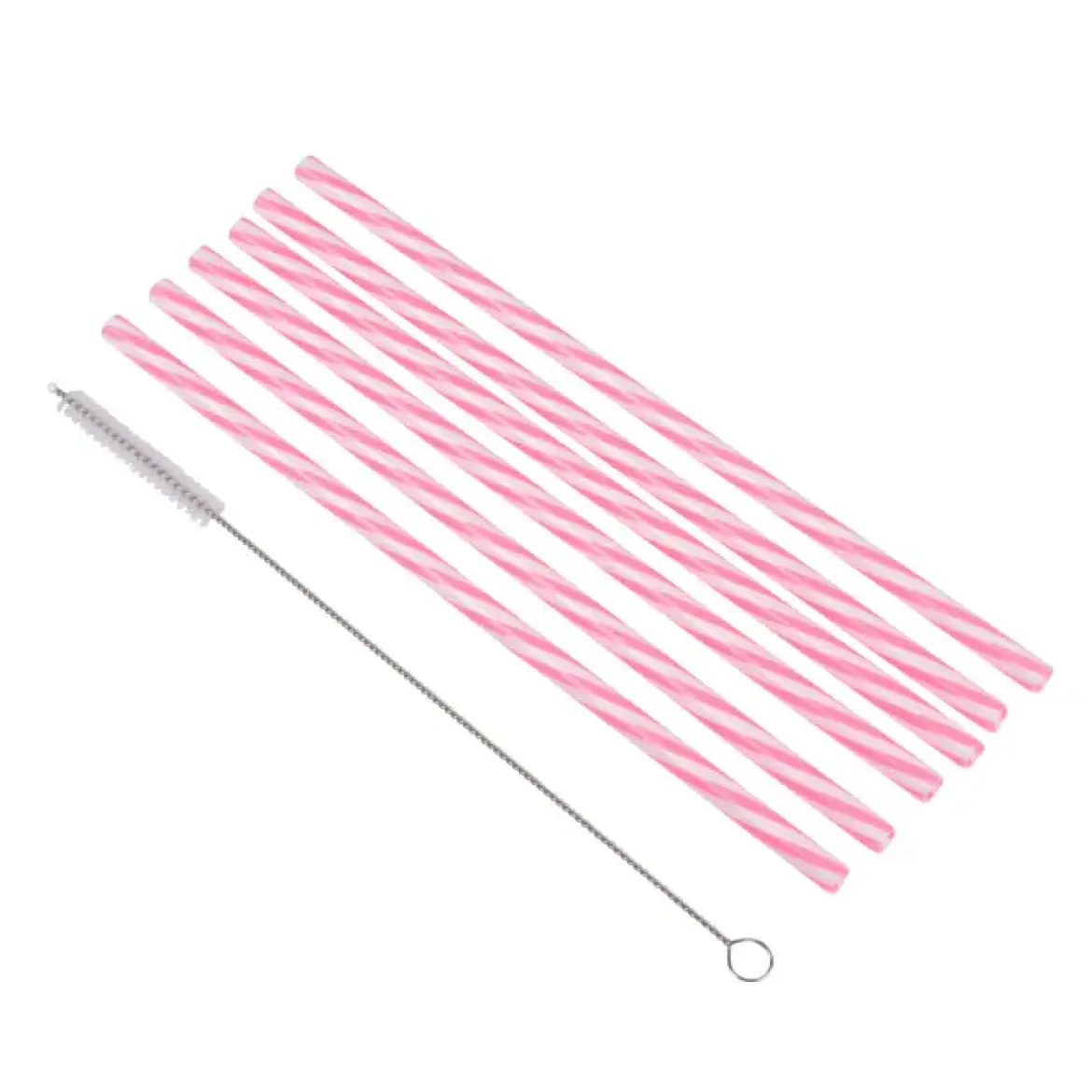 SET 6 PAILLES PLASTIQUE REUTILISABLE ROSE BLANC ET BROSSE