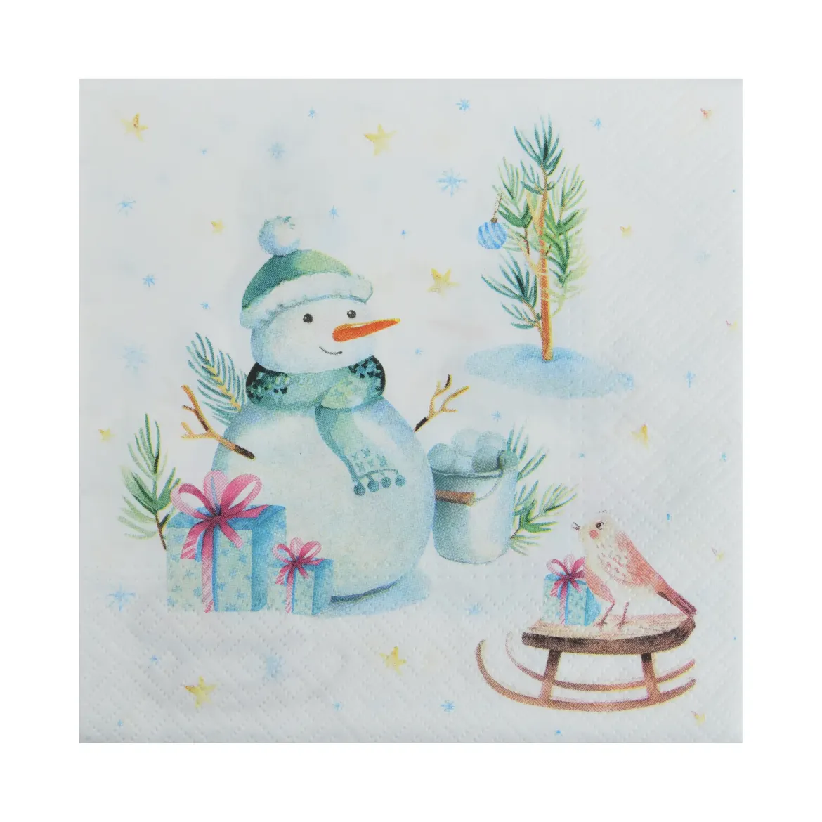 SET 20 SERVIETTES 3 PLIS 33X33CM BONHOMME DE NEIGE ET OISEAU