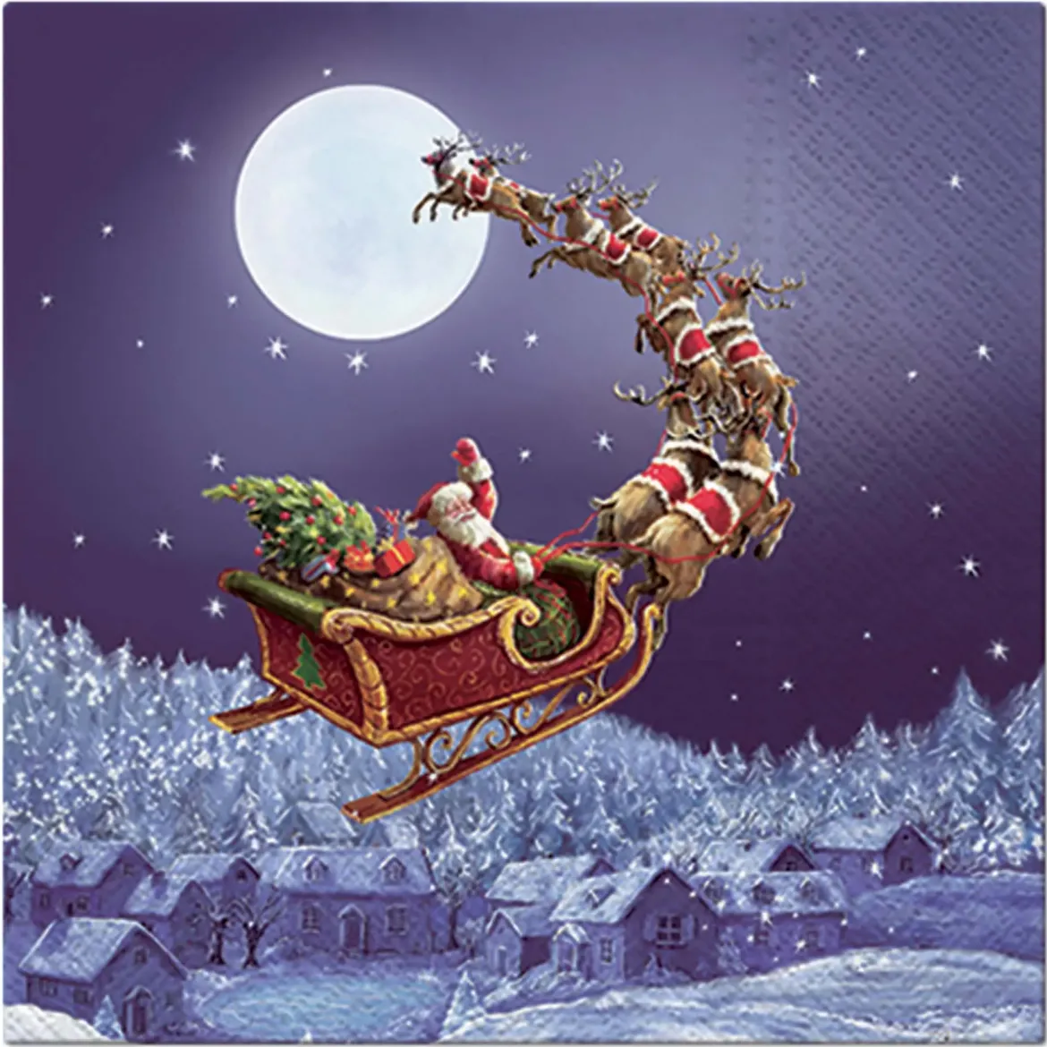SET 20 SERVIETTES 3 PLIS 33X33CM PERE NOEL ET SON TRAINEAU