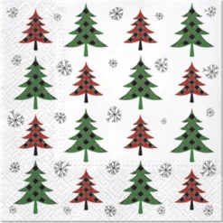 SET 20 SERVIETTES 3 PLIS 33X33CM SAPINS VERTS ET ROUGES