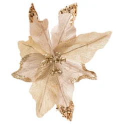 SUJET DE NOEL POINSETTIA PAILLETTE CHAMPAGNE H.23CM