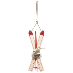 SUSPENSION BOIS SKI ROUGE ET NATUREL 17CM