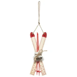 SUSPENSION BOIS SKI ROUGE ET NATUREL 17CM