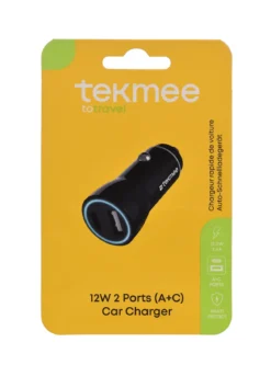 TEKMEE CHARGEUR VOITURE NOIR 12W 2 PORTS A ET C