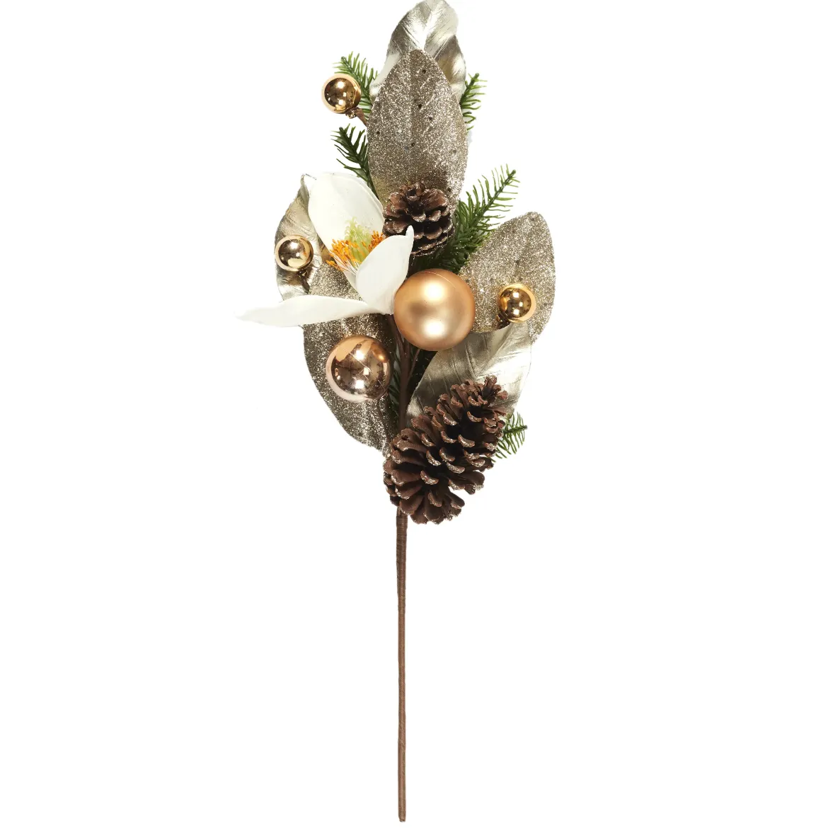 TIGE FEUILLES DOREES BOULES ET POMMES DE PIN H.60CM