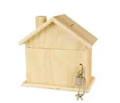 TIRELIRE BOIS FORME MAISON CADENAS ET CLES 14.5X8X14.5CM