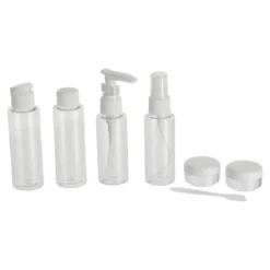 TROUSSE DE VOYAGE PVC ET 6 CONTENANTS VIDES TRANSPARENT BLAN