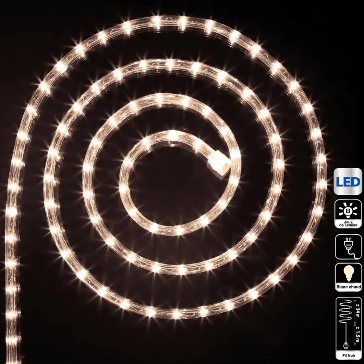 TUBE ELECTRIQUE EXTERIEUR A LEDS 24M BLANC CHAUD