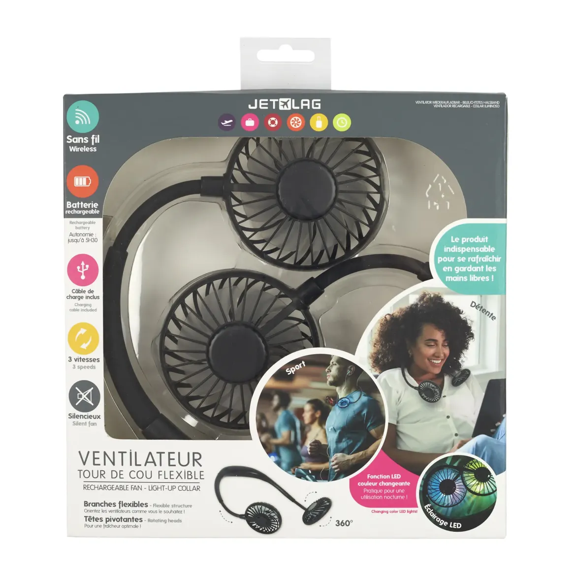 VENTILATEUR RECHARGEABLE TOUR DE COU LUMINEUX